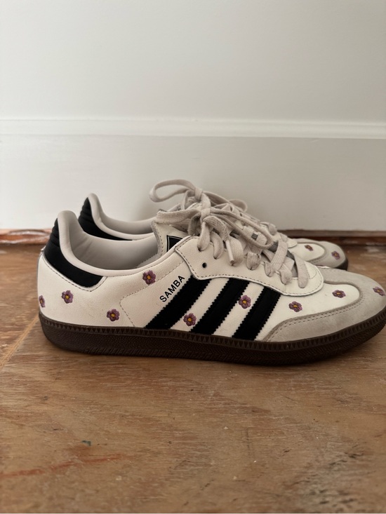 adidas Shoes - adidas Samba Sneakers in Cream with Black Stripes and Purple Floral Accents